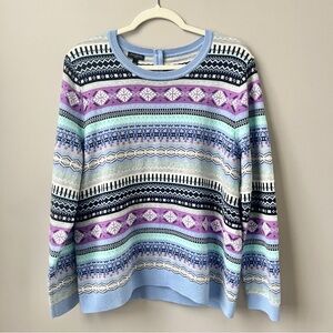 Talbots Sweater Women's XL Petite Fair Isle Wool Blend Lavender Blue Nordic Cozy